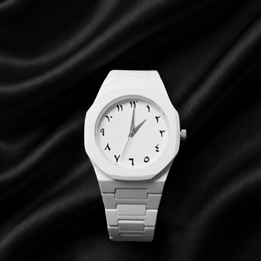 White-Color Arabic Aura Watch For Men Full Stylish and special look with Fiber Chain and Arabic Numerals Full special